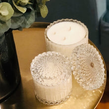Bella glass canister candle with flat embossed lid