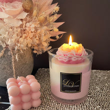X large candle with a beautiful Peony sitting on top. Colour variations will occur as each flower is hand made.